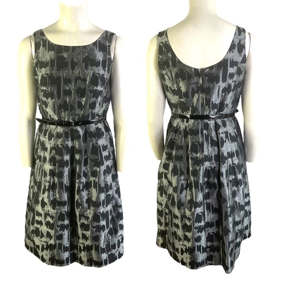MICHAEL KORS BLACK GREY METALLIC MIDI DRESS BELTED EVENING DRESS A-LINE DRESS  2 - Picture 1 of 17